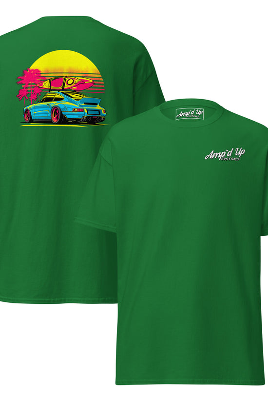 Amp'd Up Custom Sunset Porsche T-Shirt with vibrant back illustration featuring a colorful car and sunset design