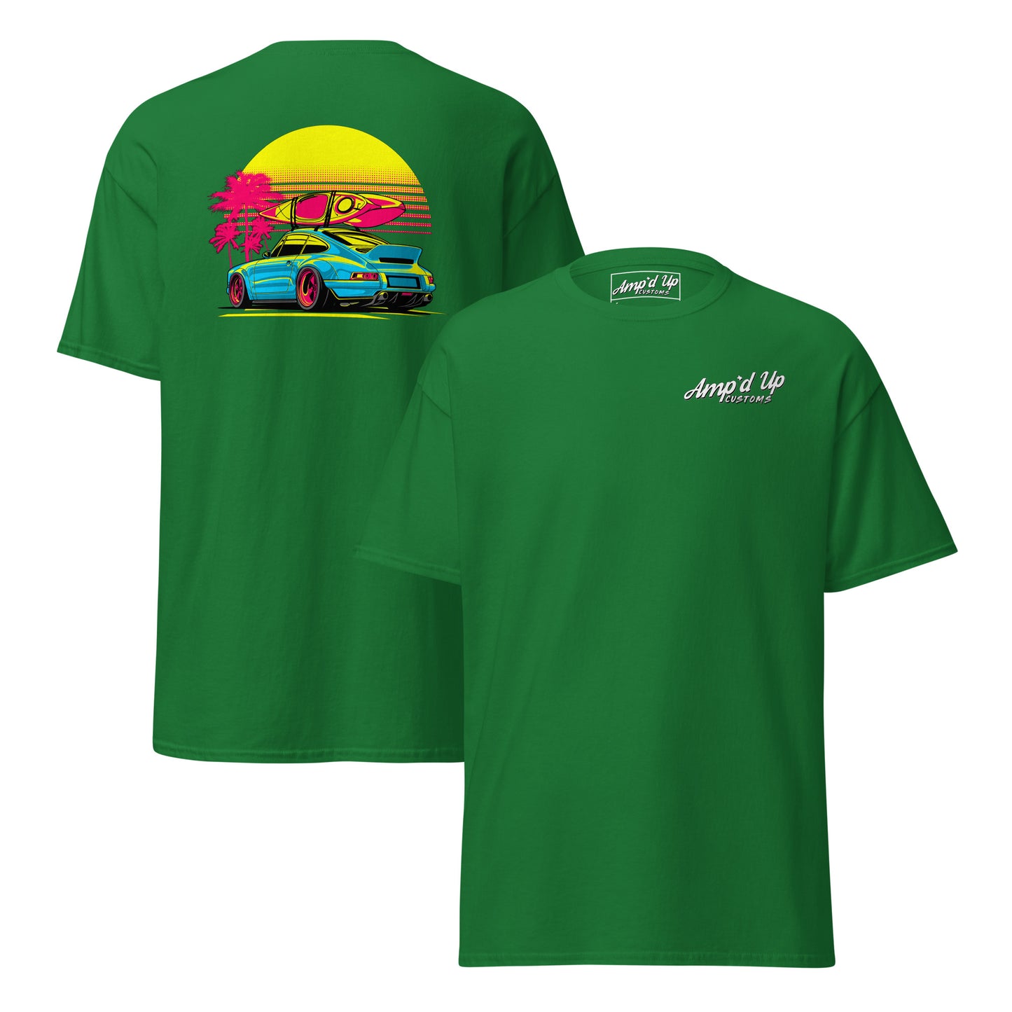 Amp'd Up Custom Sunset Porsche T-Shirt with vibrant back illustration featuring a colorful car and sunset design