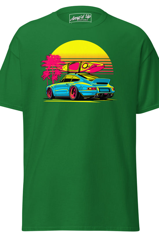 Amp'd Up Custom Sunset Porsche T-Shirt featuring a vibrant surf scene with a retro design