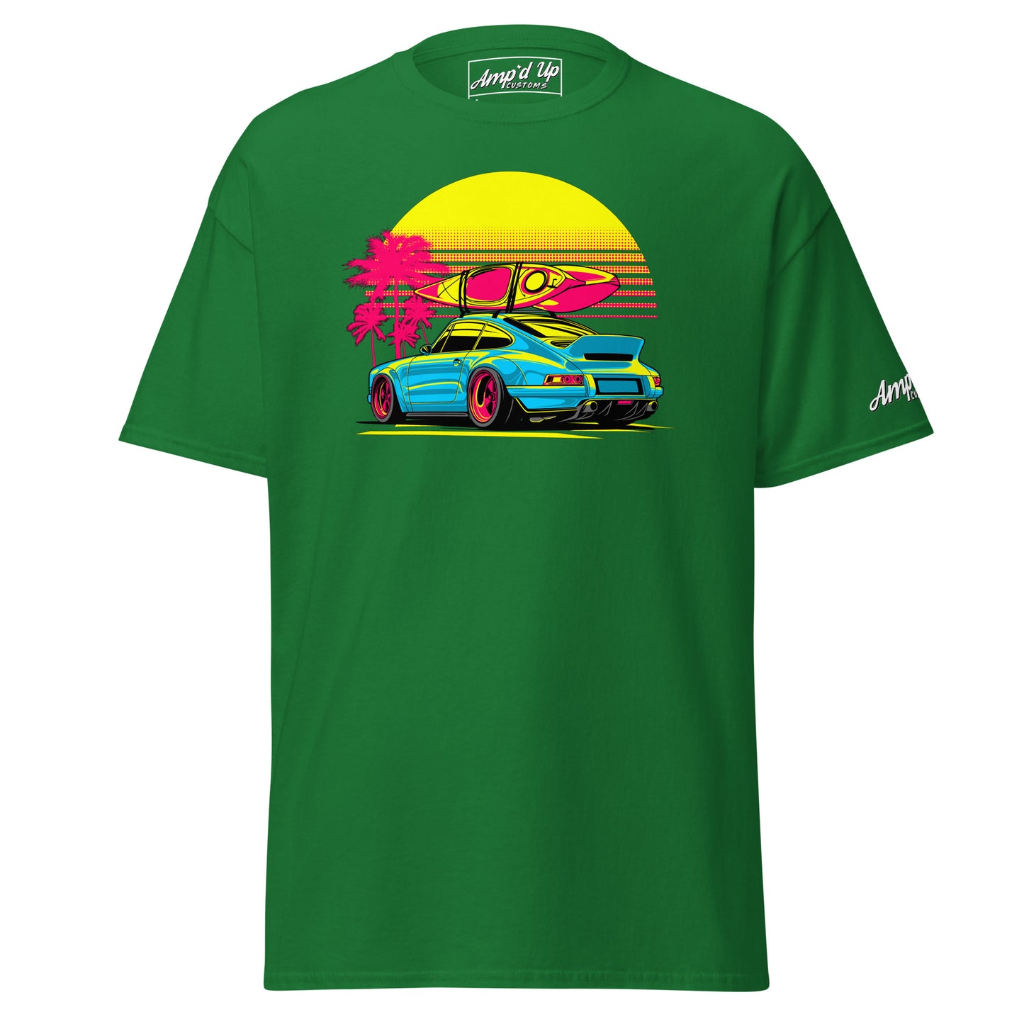 Amp'd Up Custom Sunset Porsche T-Shirt featuring a vibrant surf scene with a retro design