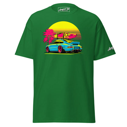 Amp'd Up Custom Sunset Porsche T-Shirt featuring a vibrant surf scene with a retro design