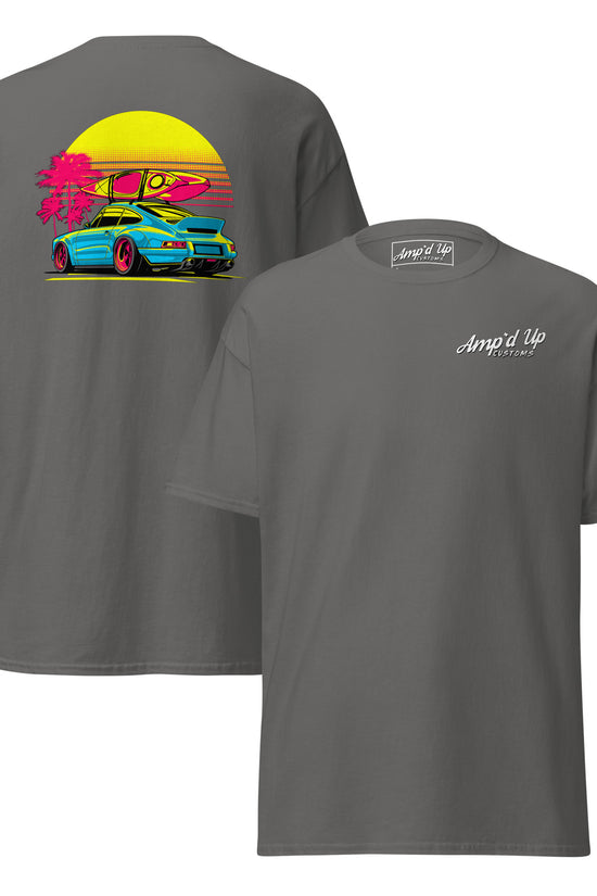 Sunset Porsche T-Shirt with vibrant back illustration featuring a sports car and sunset design
