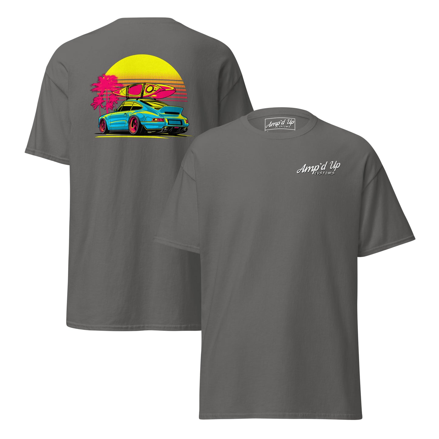 Sunset Porsche T-Shirt with vibrant back illustration featuring a sports car and sunset design