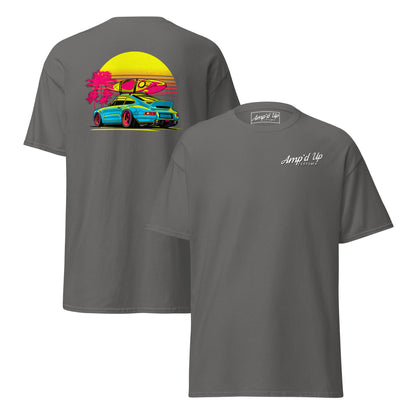 Sunset Porsche T-Shirt with vibrant back illustration featuring a sports car and sunset design
