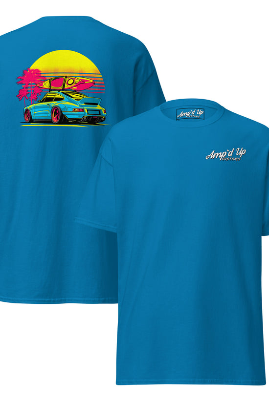 Amp'd Up Custom Sunset Porsche T-Shirt with vibrant back illustration featuring a stylish car and sunset