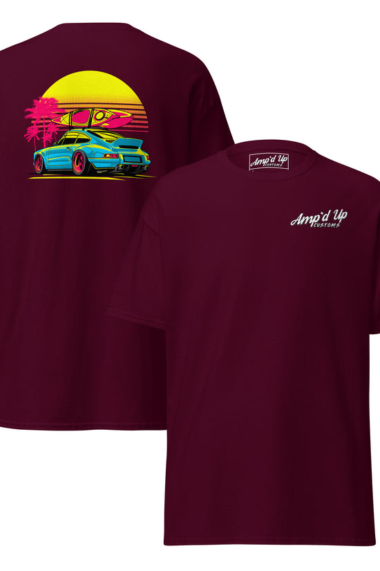 Amp'd Up Custom Sunset Porsche T-Shirt with vibrant back illustration featuring a colorful car and sunset