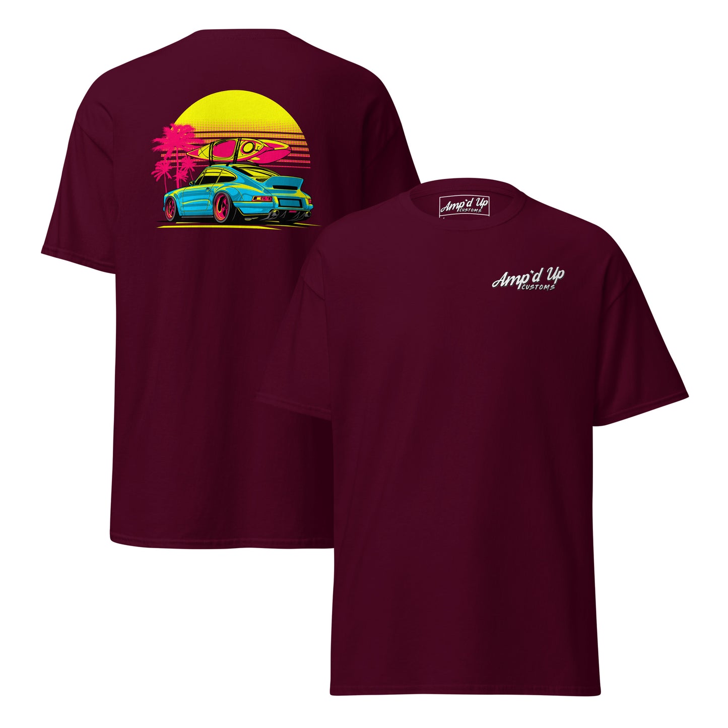 Amp'd Up Custom Sunset Porsche T-Shirt with vibrant back illustration featuring a colorful car and sunset