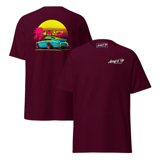 Amp'd Up Custom Sunset Porsche T-Shirt with vibrant back illustration featuring a colorful car and sunset