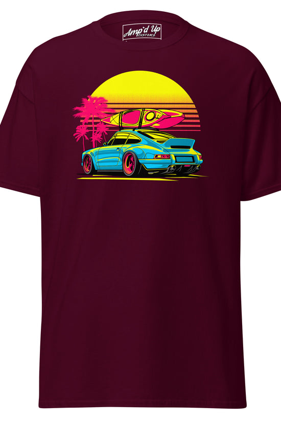 Amp'd Up Custom Sunset Porsche T-Shirt featuring a colorful car and vibrant sunset design