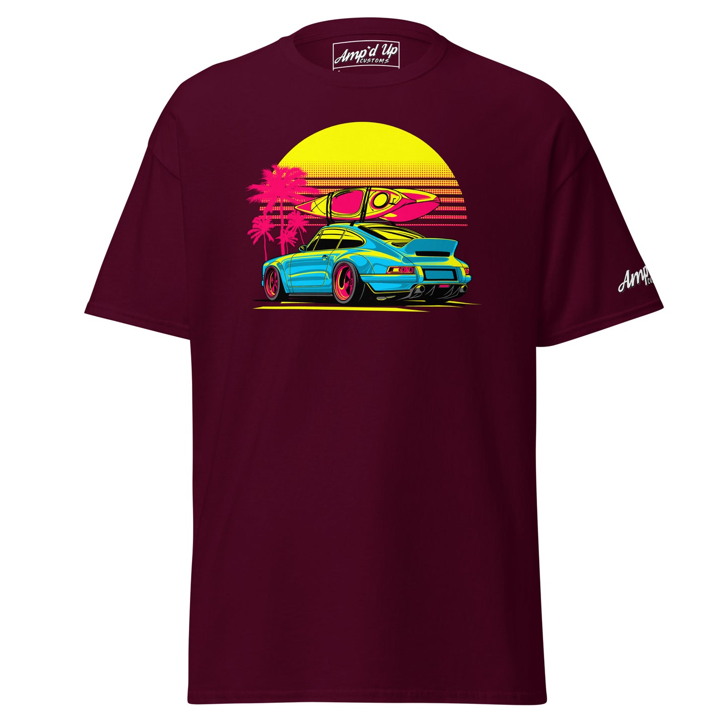 Amp'd Up Custom Sunset Porsche T-Shirt featuring a colorful car and vibrant sunset design