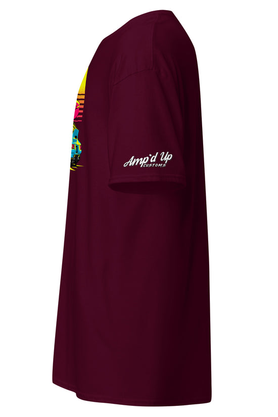 Side view of Sunset Porsche T-Shirt in burgundy with vibrant colorful graphic print
