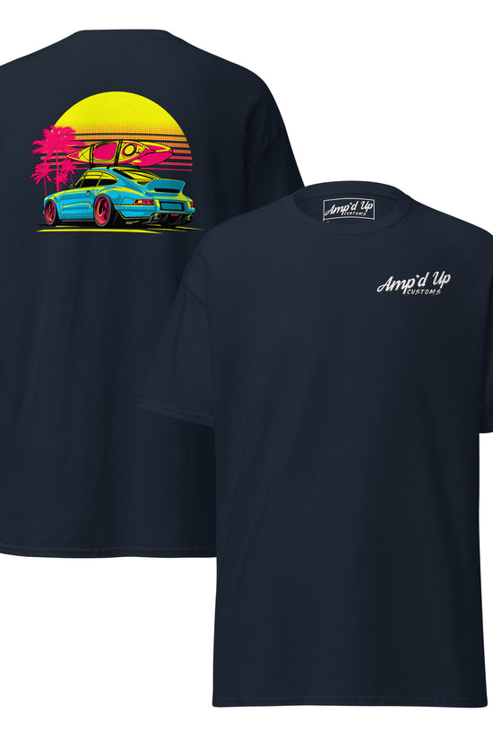 Sunset Porsche T-Shirt with vibrant back illustration featuring a car and tropical scenery