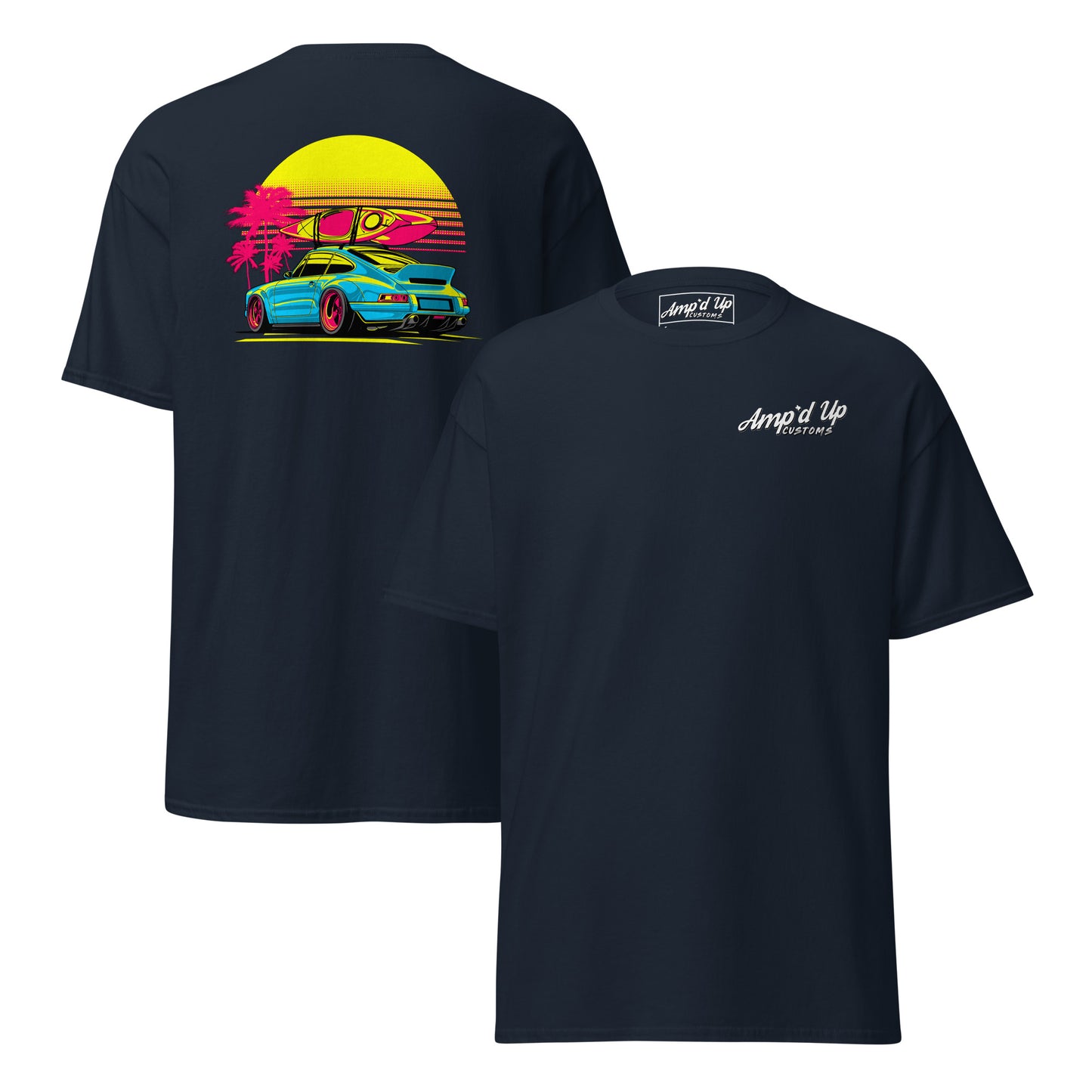 Sunset Porsche T-Shirt with vibrant back illustration featuring a car and tropical scenery