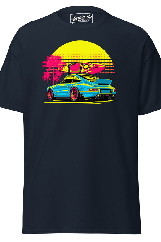 Amp'd Up Custom Sunset Porsche T-Shirt featuring a vibrant design of a car with surfboards and palm trees