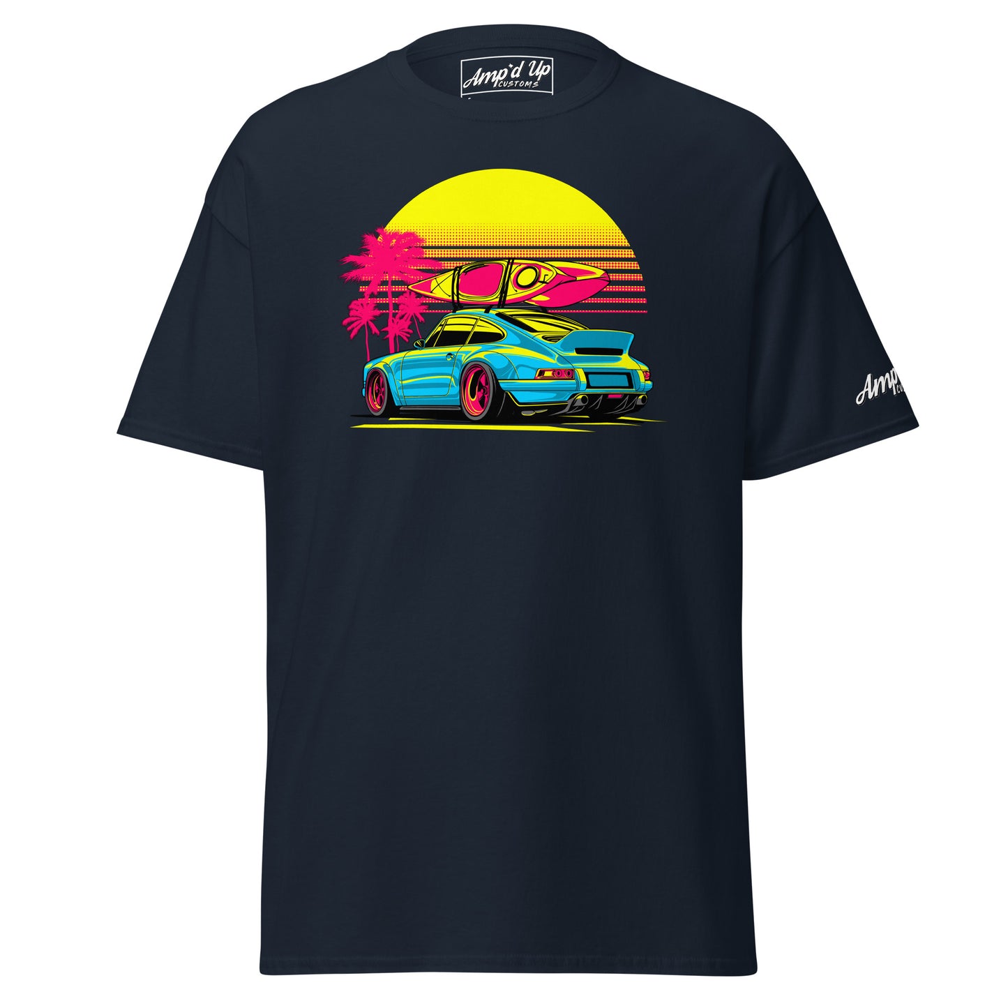 Amp'd Up Custom Sunset Porsche T-Shirt featuring a vibrant design of a car with surfboards and palm trees