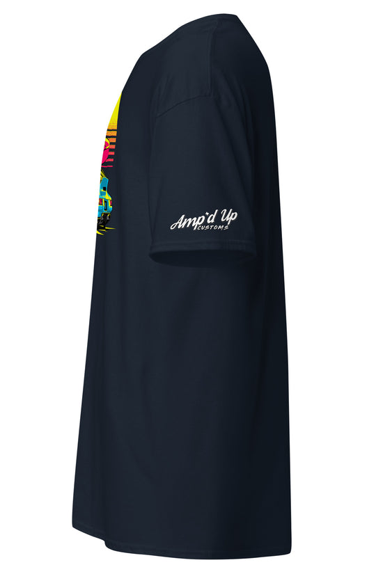 Side view of a navy Sunset Porsche T-Shirt featuring vibrant graphics for car enthusiasts