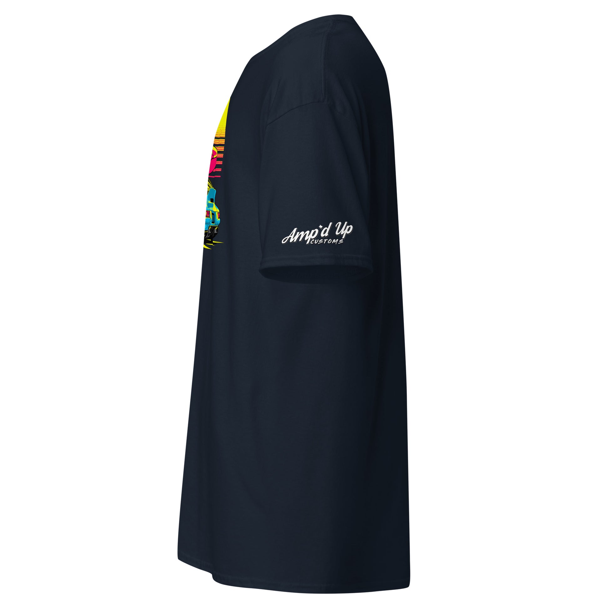 Side view of a navy Sunset Porsche T-Shirt featuring vibrant graphics for car enthusiasts