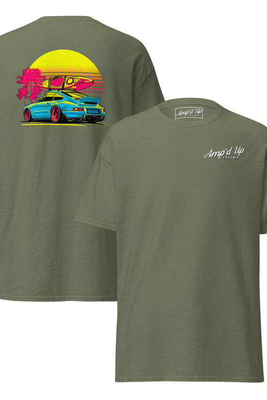 Amp'd Up Custom Sunset Porsche T-Shirt with vibrant back illustration featuring a sunset and sports car