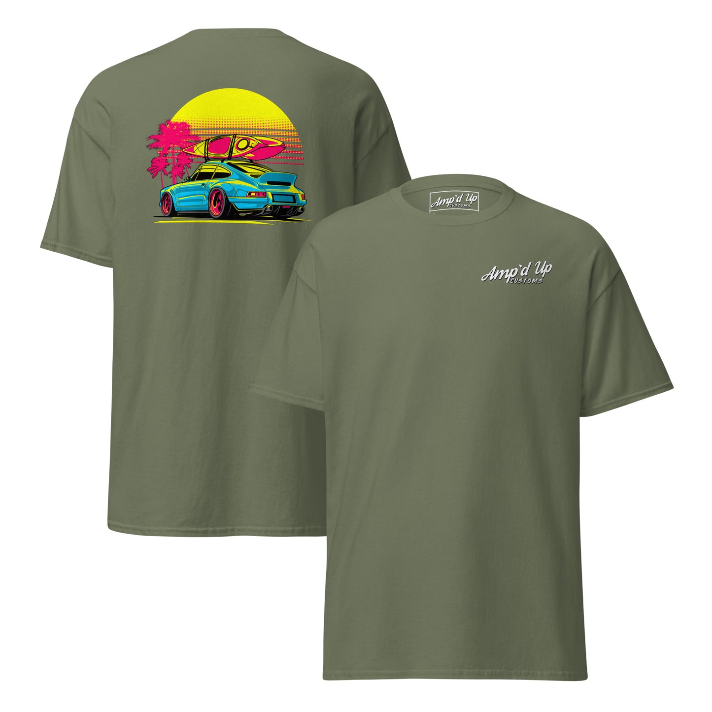 Amp'd Up Custom Sunset Porsche T-Shirt with vibrant back illustration featuring a sunset and sports car