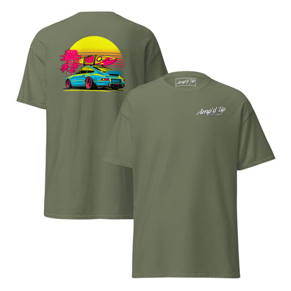 Amp'd Up Custom Sunset Porsche T-Shirt with vibrant back illustration featuring a sunset and sports car