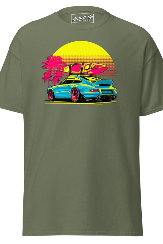 Amp'd Up Custom Sunset Porsche T-Shirt featuring a vibrant graphic with a Porsche and surfboard