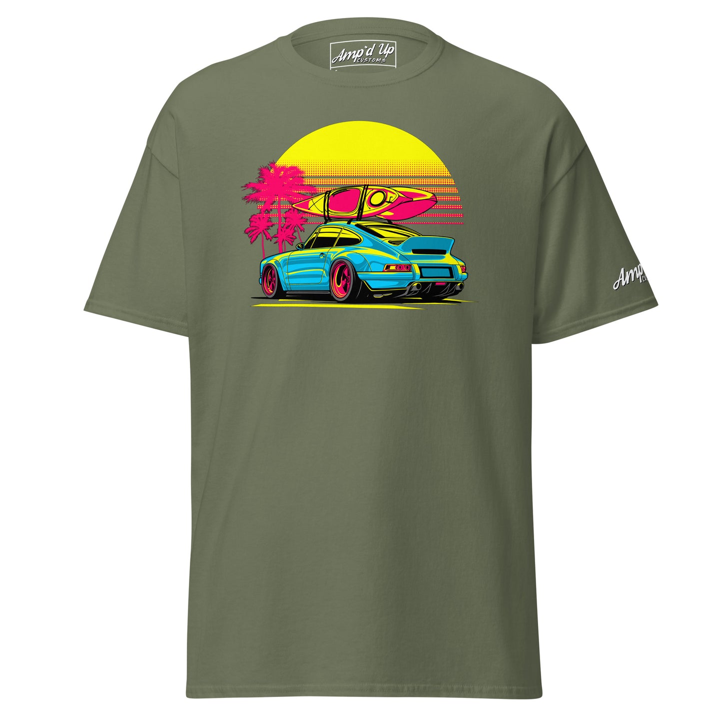 Amp'd Up Custom Sunset Porsche T-Shirt featuring a vibrant graphic with a Porsche and surfboard