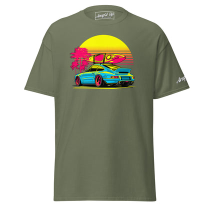 Amp'd Up Custom Sunset Porsche T-Shirt featuring a vibrant graphic with a Porsche and surfboard