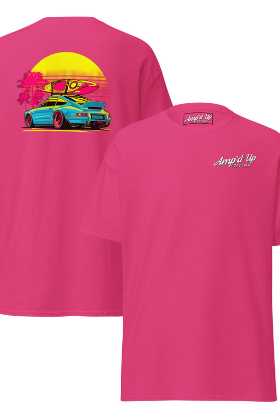 Amp'd Up Custom Sunset Porsche T-Shirt with vibrant back illustration featuring a sporty car and sunset