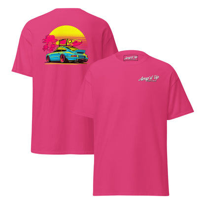 Amp'd Up Custom Sunset Porsche T-Shirt with vibrant back illustration featuring a sporty car and sunset