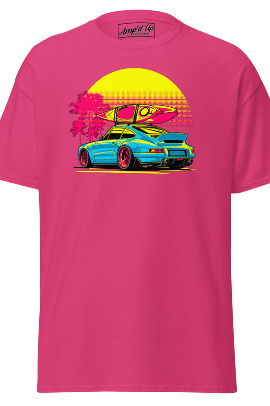 Vibrant Sunset Porsche T-Shirt featuring a colorful car with surfboards and palm trees