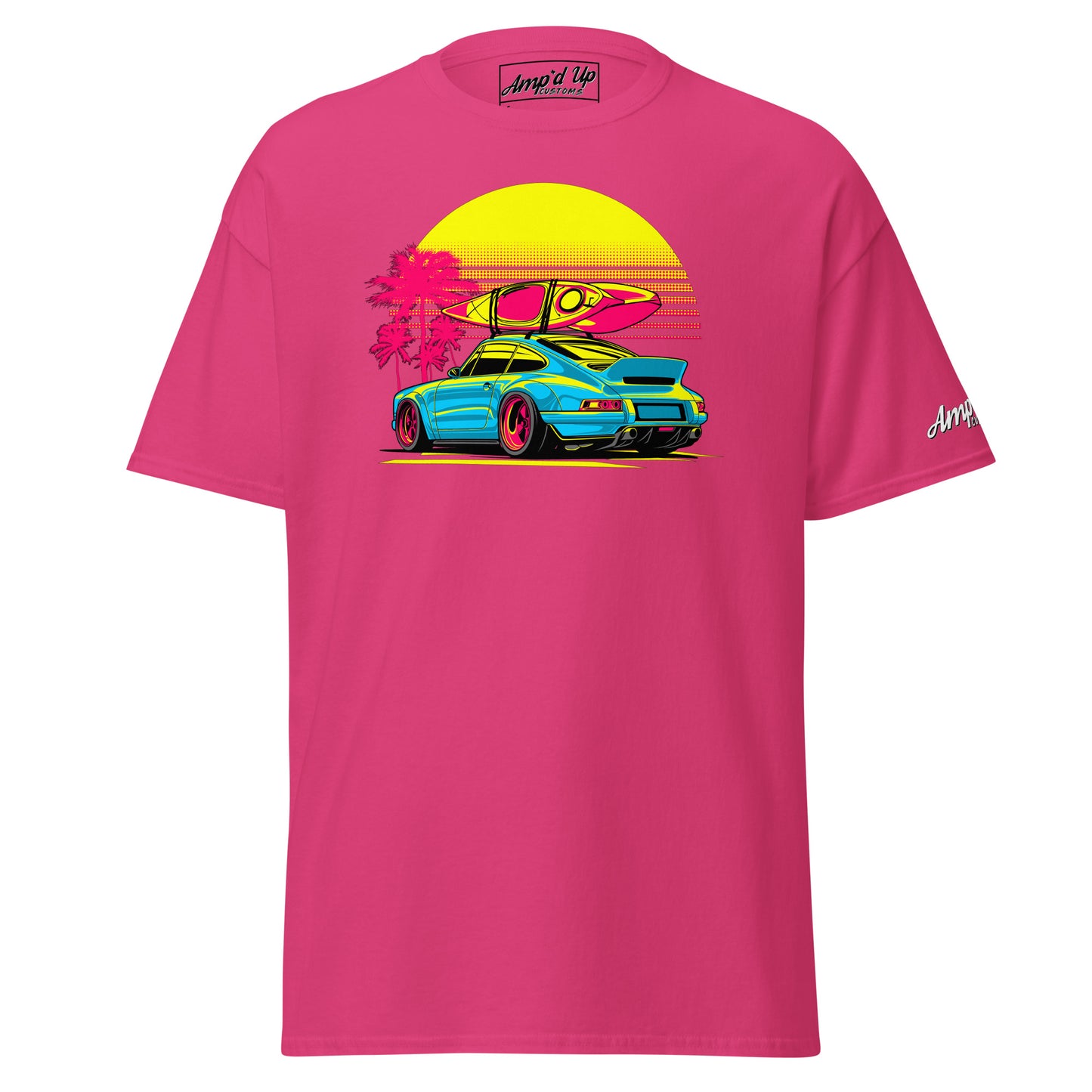 Vibrant Sunset Porsche T-Shirt featuring a colorful car with surfboards and palm trees
