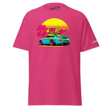 Vibrant Sunset Porsche T-Shirt featuring a colorful car with surfboards and palm trees