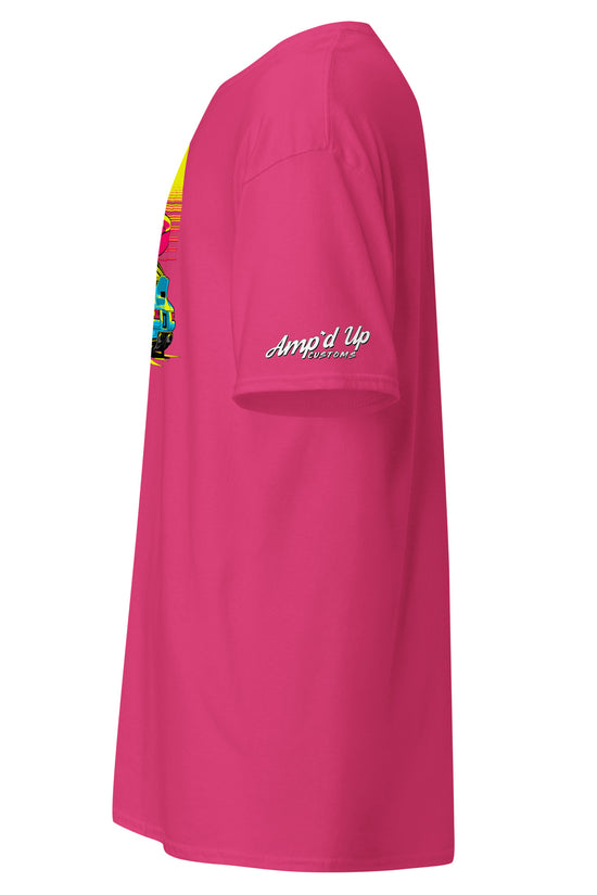 Pink Sunset Porsche T-Shirt featuring vibrant graphics and a relaxed fit from Amp'd Up Custom