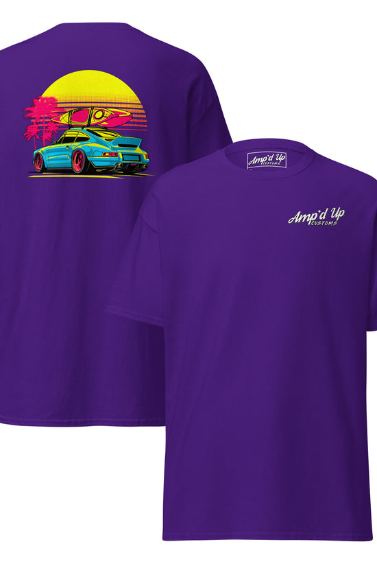 Sunset Porsche T-Shirt with vibrant back illustration featuring a colorful sunset and palm trees