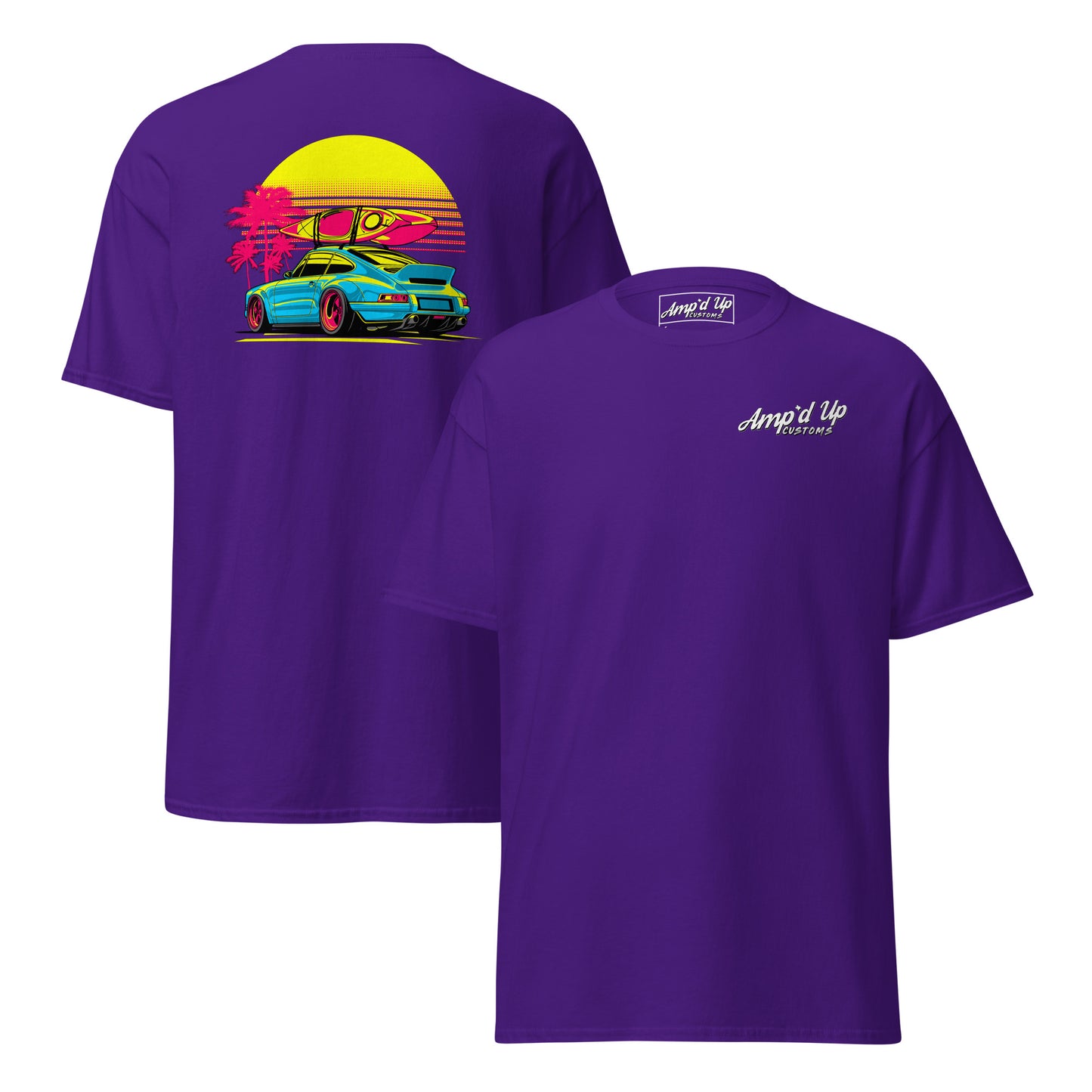 Sunset Porsche T-Shirt with vibrant back illustration featuring a colorful sunset and palm trees