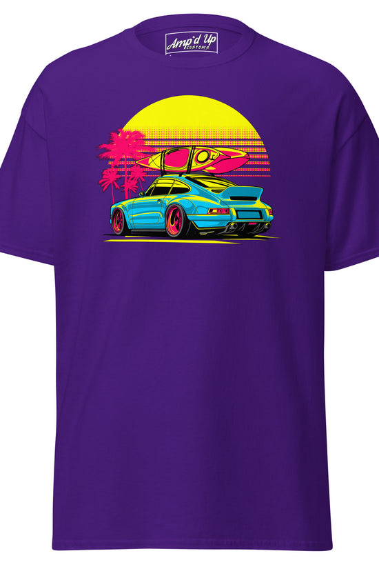 Amp'd Up Custom Sunset Porsche T-Shirt in Purple with Vibrant Surf and Palm Tree Design
