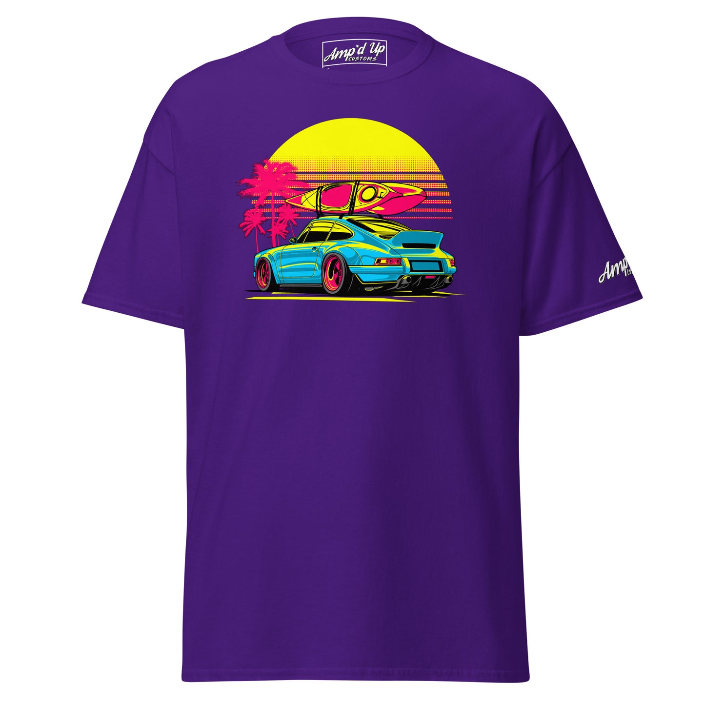 Amp'd Up Custom Sunset Porsche T-Shirt in Purple with Vibrant Surf and Palm Tree Design