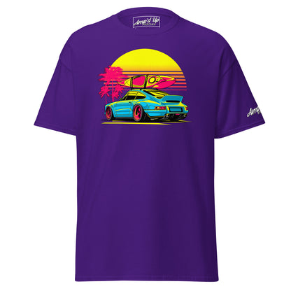 Amp'd Up Custom Sunset Porsche T-Shirt in Purple with Vibrant Surf and Palm Tree Design