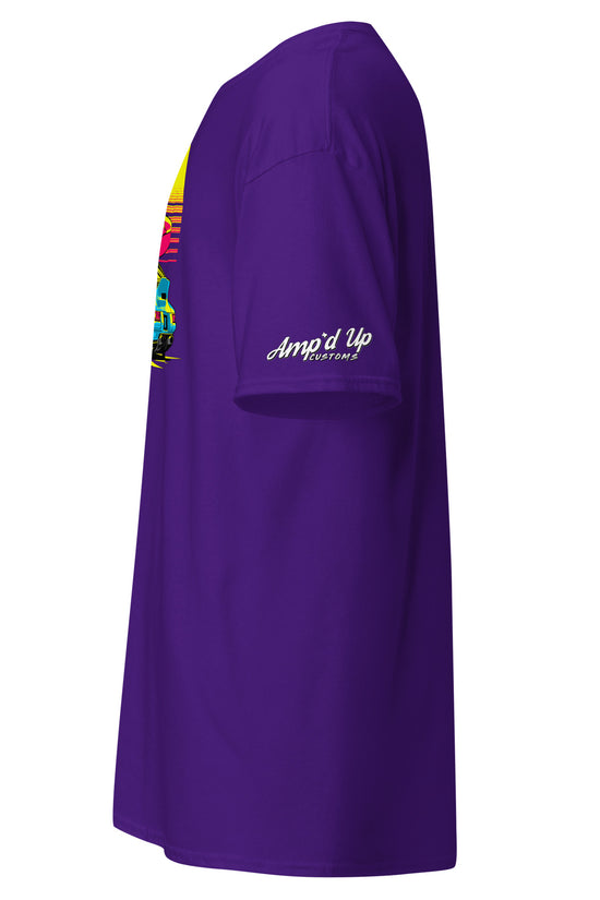 Purple Sunset Porsche T-Shirt with vibrant graphic design from Amp'd Up Custom
