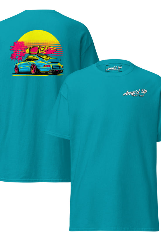 Sunset Porsche T-Shirt with colorful back illustration featuring a Porsche and palm trees