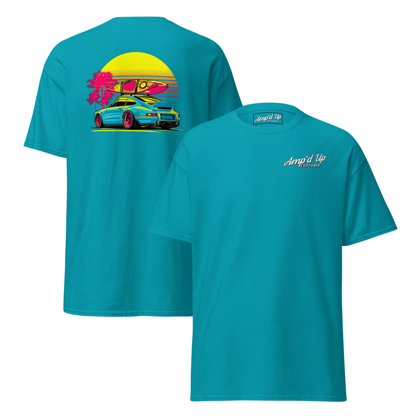 Sunset Porsche T-Shirt with colorful back illustration featuring a Porsche and palm trees