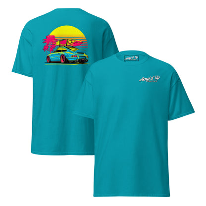 Sunset Porsche T-Shirt with colorful back illustration featuring a Porsche and palm trees