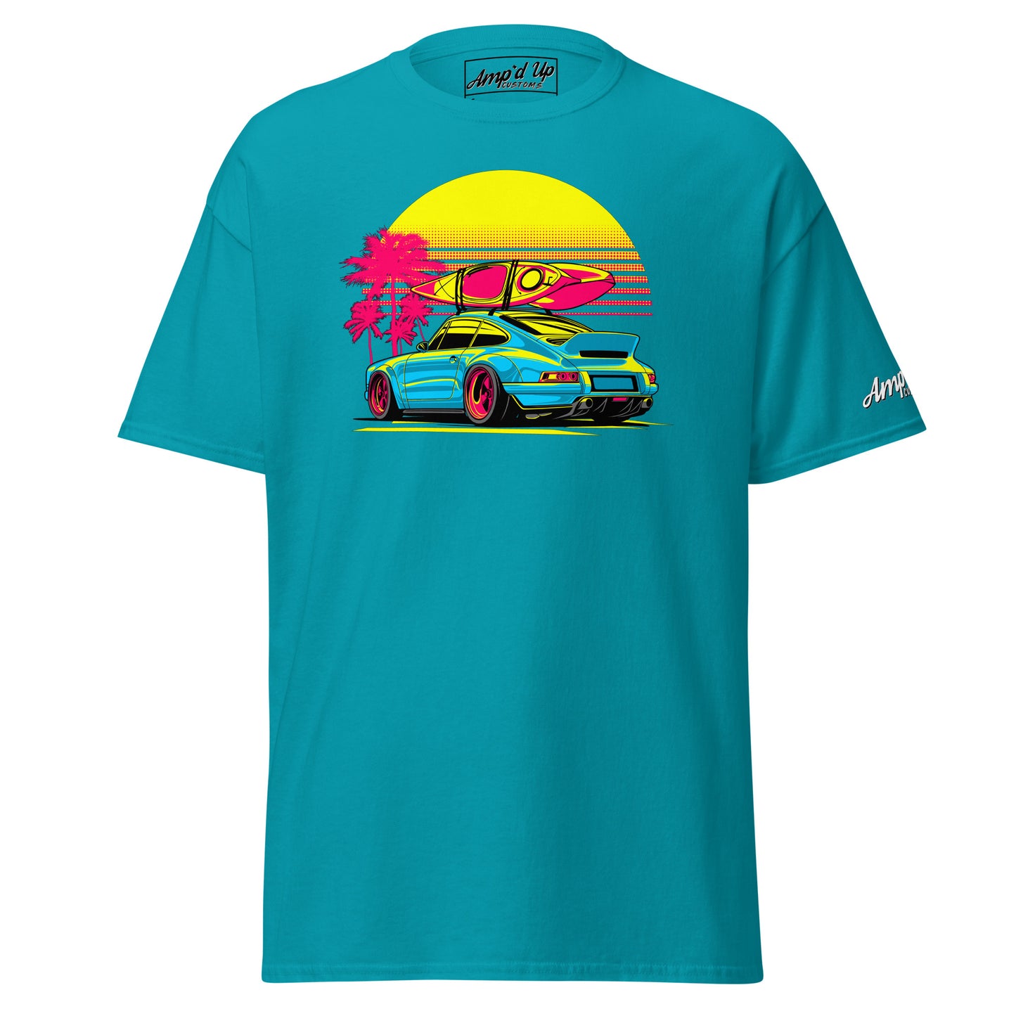 Sunset Porsche T-Shirt featuring a vibrant graphic with a car and surfboard against a sunset backdrop