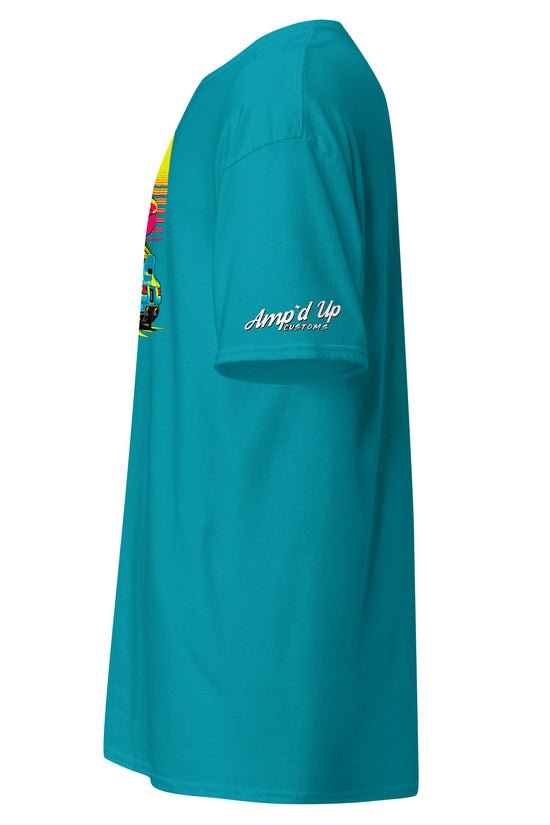 Side view of the Sunset Porsche T-Shirt by Amp'd Up Custom in vibrant blue with colorful graphic design