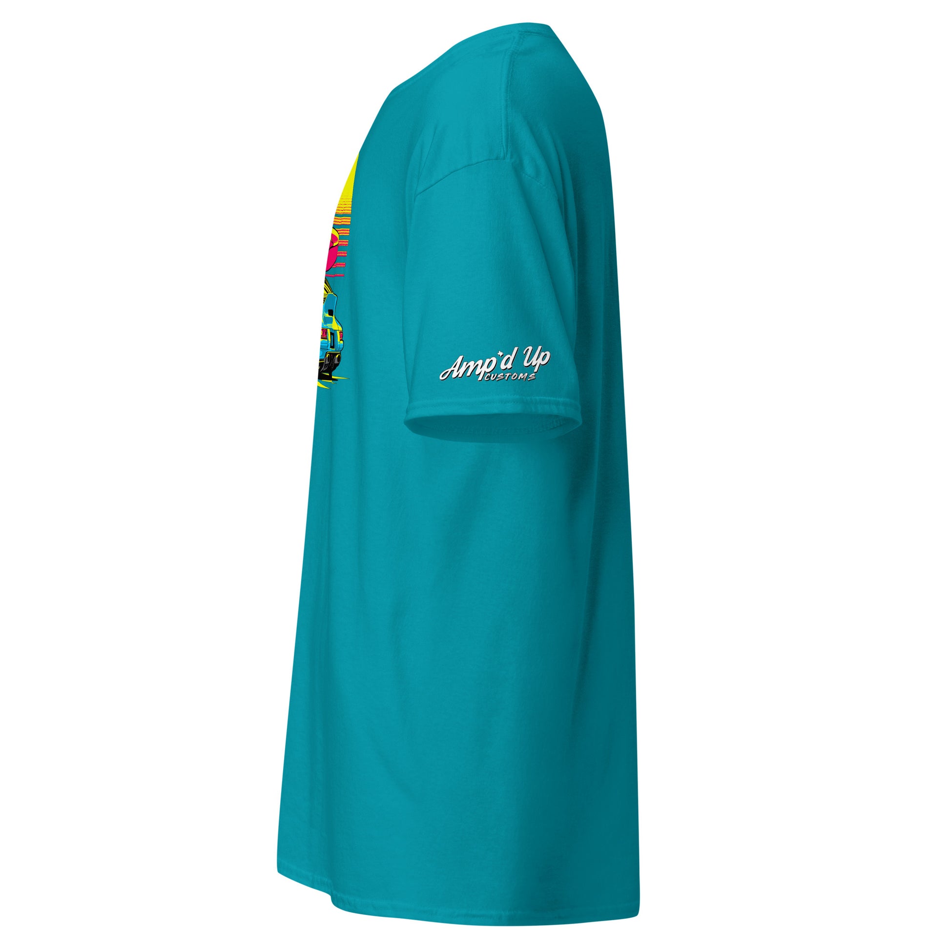 Side view of the Sunset Porsche T-Shirt by Amp'd Up Custom in vibrant blue with colorful graphic design