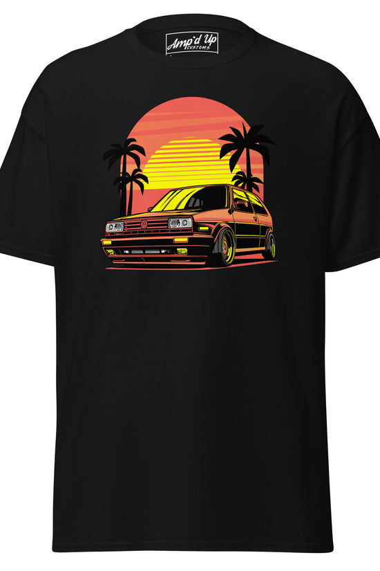 Sunset Volkswagen T-Shirt featuring a classic car design with palm trees and a colorful sunset
