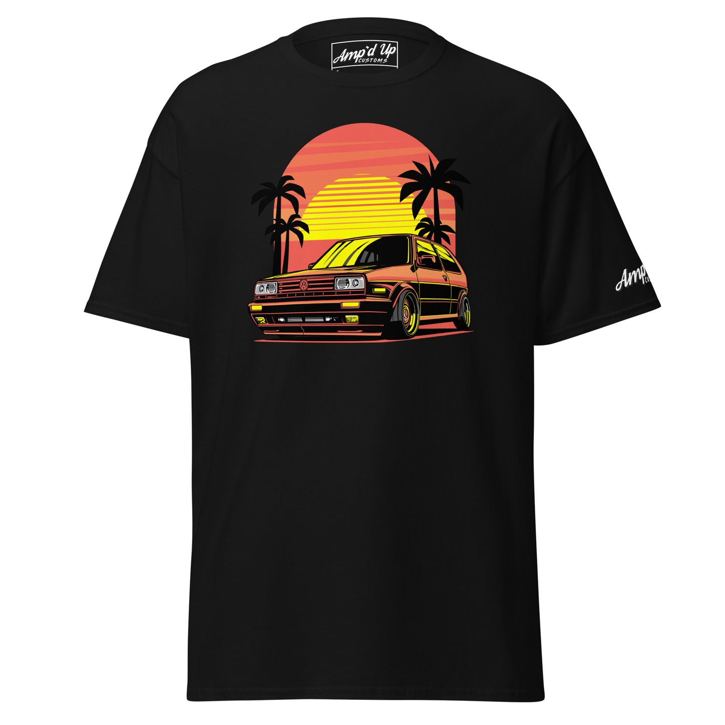 Sunset Volkswagen T-Shirt featuring a classic car design with palm trees and a colorful sunset
