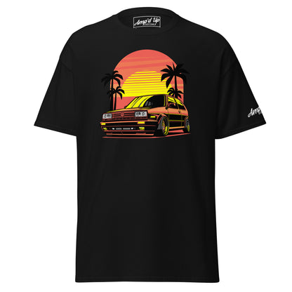 Sunset Volkswagen T-Shirt featuring a classic car design with palm trees and a colorful sunset