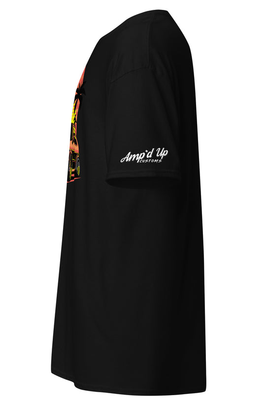 Side view of black Sunset Volkswagen T-Shirt featuring colorful graphic design from Amp'd Up Custom