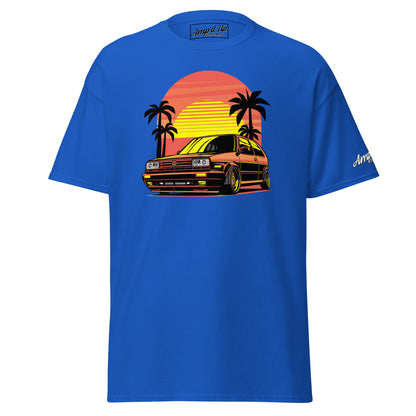 Amp'd Up Custom Sunset Volkswagen T-Shirt in blue featuring a retro car and palm trees